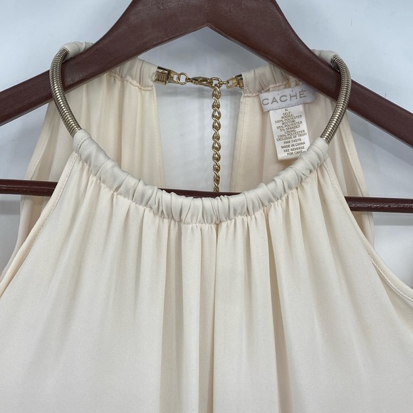 Cache Jumpsuit Womens Size XL Cream Black Cold Shoulder Pleated Chain Neck Relax - Picture 3 of 16